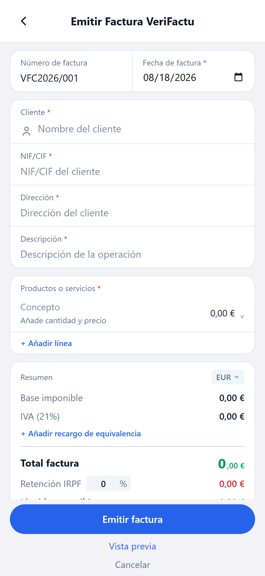 Pantalla de emisión de factura VeriFactu en la app, con el desglose de base e IVA
