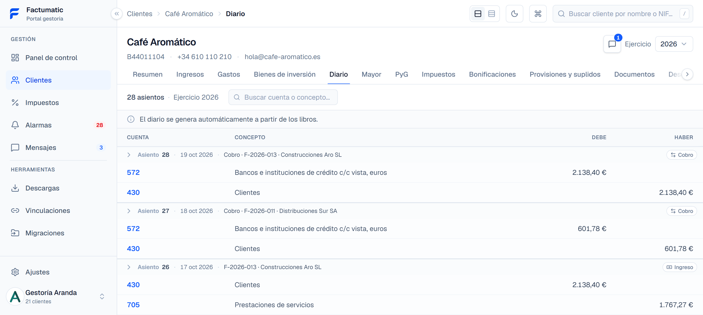 Diario de asientos de un cliente en Factumatic, por cuenta y concepto, con debe y haber