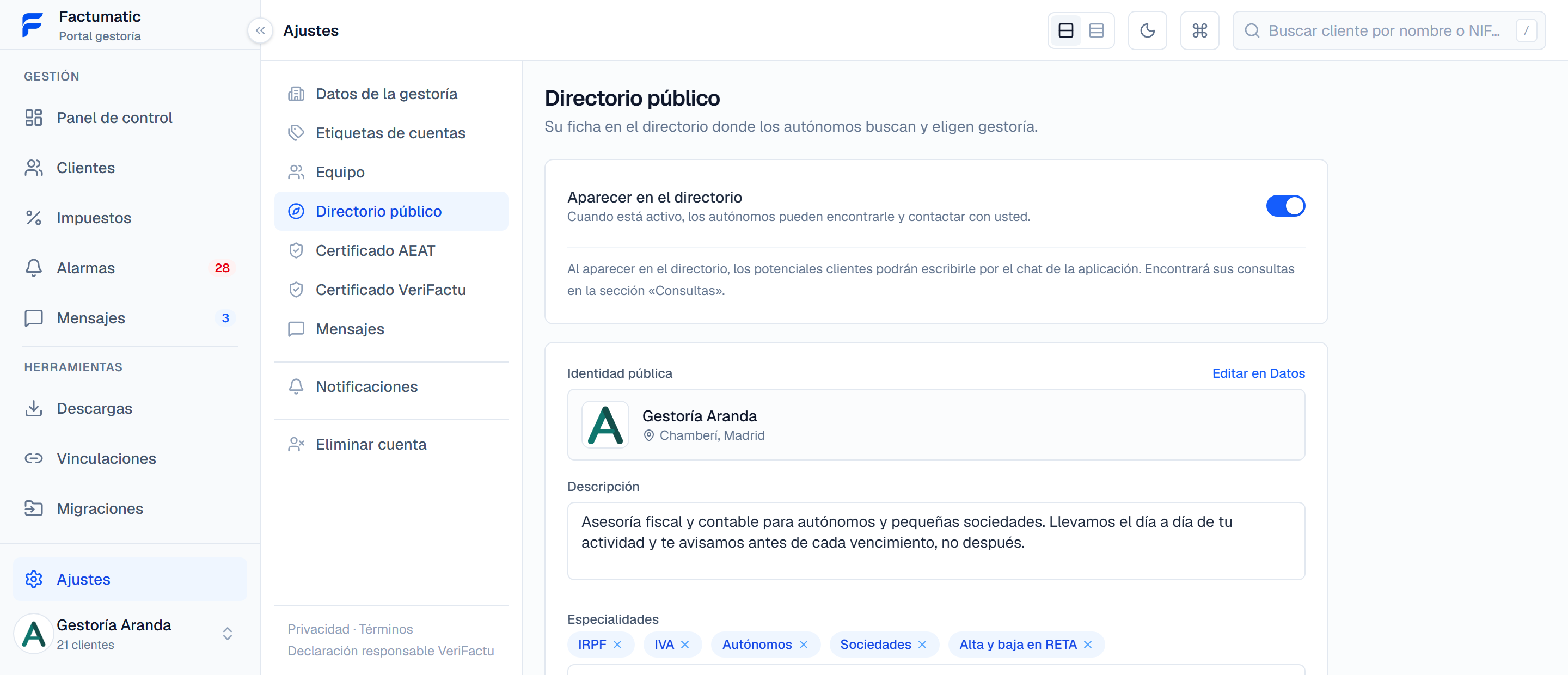 Directorio público de la gestoría en Factumatic: la ficha que ven los autónomos que buscan asesoría